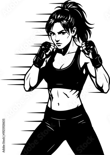 Dynamic female boxer striking pose black and white vector illustration. Transparent background EPS version.