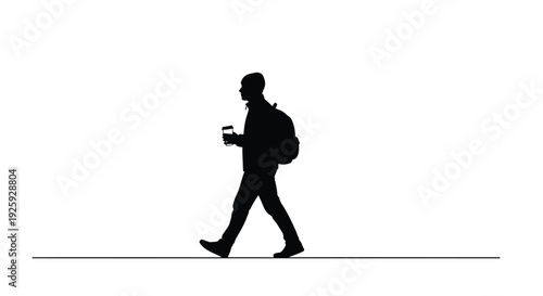 Black silhouette of a walking man with backpack and coffee