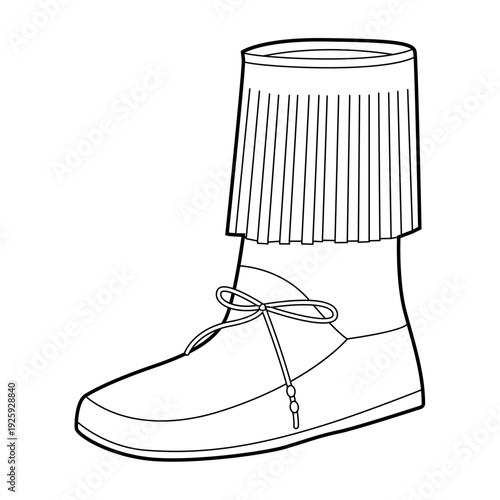 Lace-up fringed ankle boot women single line pair. Fringe trim with side lacing for music event, weather. Technical fashion illustration CAD mockup clean vector men unisex isolated classic style.