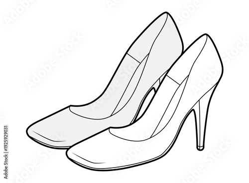 Pump women square toe heel sketch pair. Modern dress footwear with clean lines office, wedding, evening outfit. Technical illustration, CAD mockup, detailed vector men unisex isolated elegant style.