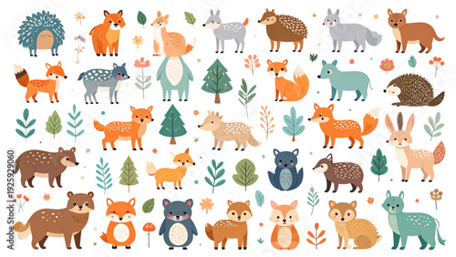 Cute Woodland Nursery Animal Vector Set with Bear Fox Deer and Bunny