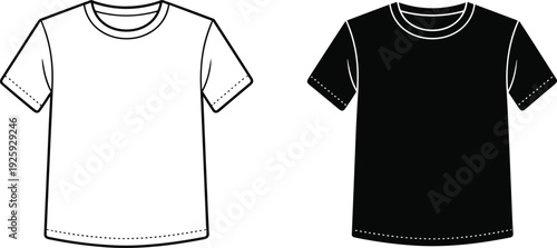Blank t shirt vector illustration set with black and white outline styles isolated on white background for apparel mockup fashion design