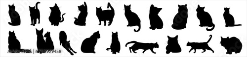 A collection of black cat silhouettes in various poses on a white background