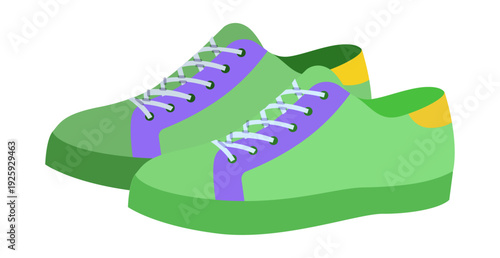 Low top sneakers shoe flat pair. Comfortable casual footwear for daily wear, relaxed wardrobe for man woman unisex. Technical fashion illustration, CAD mockup, soft vector isolated contemporary style.