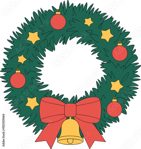 Christmas wreath vector illustration with green pine leaves red bow bell ornaments and stars festive holiday decoration isolated on white background