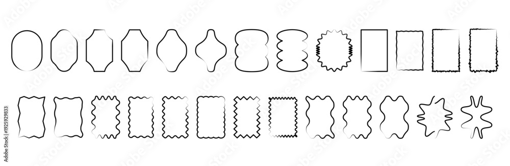 Fototapeta premium Set of monochrome black wavy frames. Mixed rectangle labels and soft borders for text highlights, title blocks and minimal layouts. Irregular outline silhouettes vector illustration.
