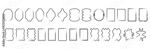 Set of monochrome black wavy frames. Mixed rectangle labels and soft borders for text highlights, title blocks and minimal layouts. Irregular outline silhouettes vector illustration.