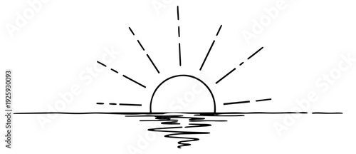 Hand drawn line art illustration of sun depicting sunrise or sunset over water for web design and nature themes