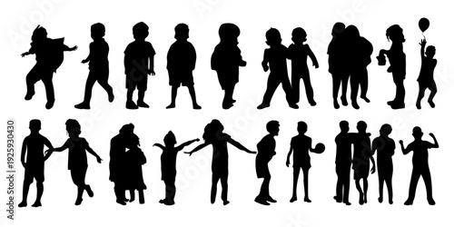 A group of black silhouettes of people in various poses on a white background