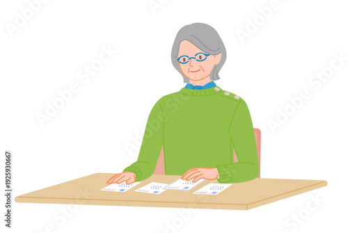 Senior woman checking multiple postcards at desk illustration