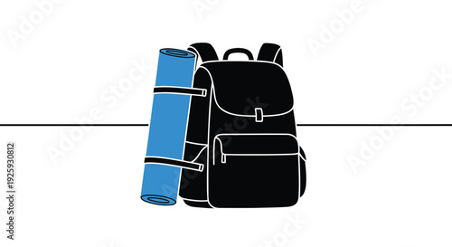 Black backpack and blue yoga mat vector icon