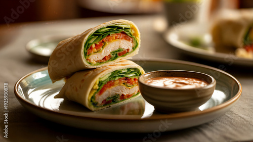 A plate of two halves of a chicken wrap with lettuce and tomato served with a side of sauce