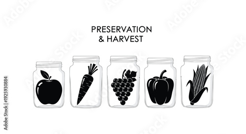 Preservation and harvest icon set. Includes apple, carrot, grapes, bell pepper, and asparagus. Created in black silhouette style with transparent background.