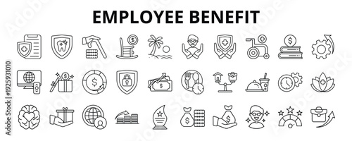 30 Employee Benefit Line Icons Vector - Health Insurance, Dental Insurance, Retirement, Pension, Vacation, Bonus, Incentive, Compensation