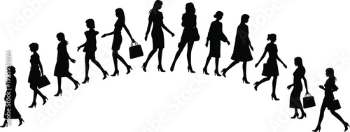 Elegant women silhouettes walking in sequence, fashionable female figures with handbags and high heels, stylish black vector illustration isolated on white background