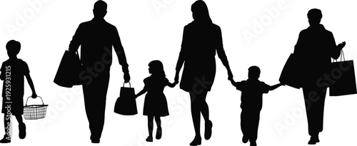 Family shopping silhouettes set, parents and children holding hands with bags and basket, black isolated vector illustration for retail lifestyle concept
