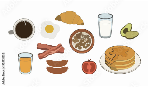 Hand Drawn Breakfast Food Collection with Coffee Pancakes Croissant and Eggs Flat Vector Illustration on White Background
