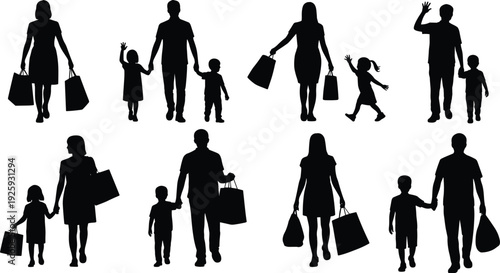Family shopping silhouettes set, parents and children holding hands with bags, black vector illustration collection isolated on white background