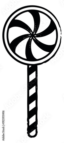 Hand drawn line art illustration of a lollipop depicting a classic spiral design and striped stick for sweet treats and confectionary designs