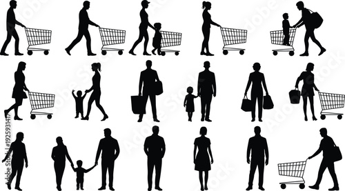 Family shopping silhouettes with supermarket carts and bags, parents and children retail customer collection vector illustration isolated on white background, consumer lifestyle concept