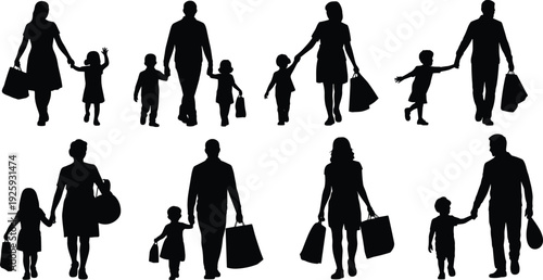 Family silhouettes collection, parents and children holding hands with shopping bags, black vector illustration set isolated on white background