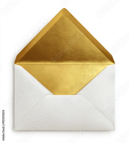 Open white envelope with shimmering gold interior, white background