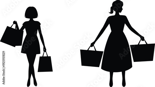 Fashionable women silhouettes holding shopping bags, stylish female shoppers isolated vector illustration, modern retail fashion concept with elegant walking poses and boutique lifestyle theme