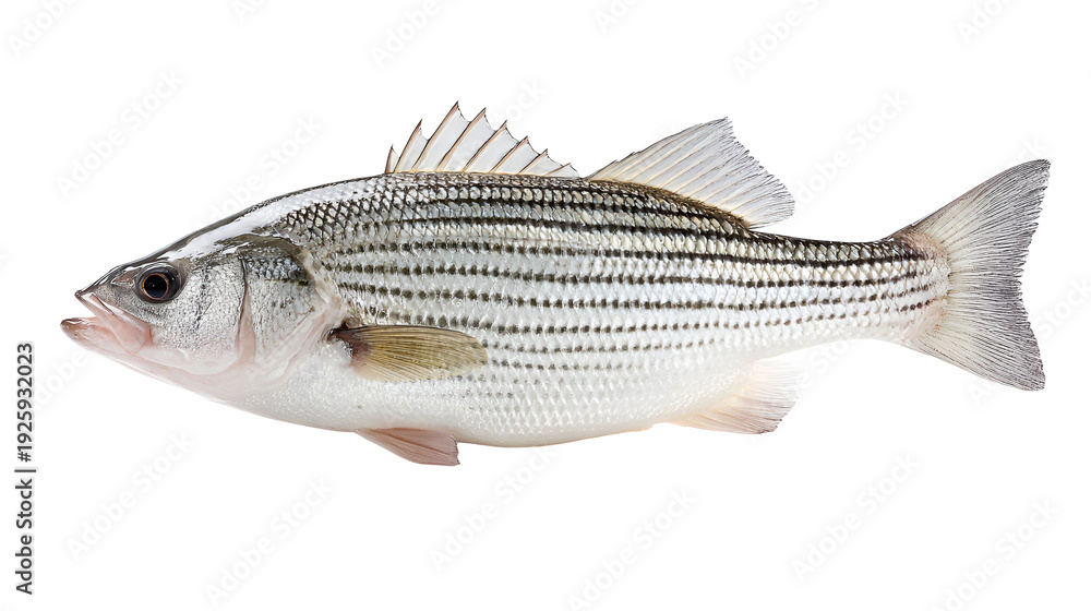 Obraz premium Fresh Striped Bass Fish Isolated on White Background with Detailed Scales