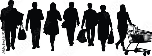 Group of shopping people silhouettes with bags and supermarket cart, black vector illustration isolated on white background, retail consumer lifestyle concept