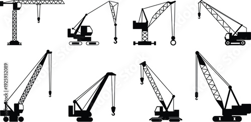 Flat vector silhouettes of diverse construction cranes heavy lifting equipment set