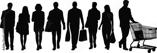 Group of shopping people silhouettes walking with bags and cart, black vector illustration isolated on white background, retail consumer lifestyle concept