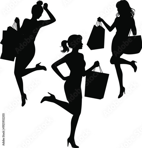 Happy women shopping silhouettes jumping with bags, fashionable female figures celebrating sale event, black vector illustration isolated on white background