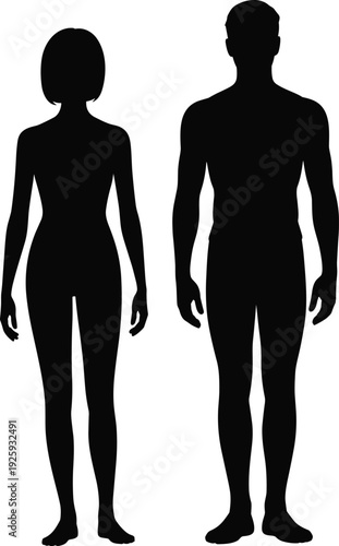 Male and female body silhouettes standing front view, human anatomy figures isolated on white background, black vector illustration for medical and design use