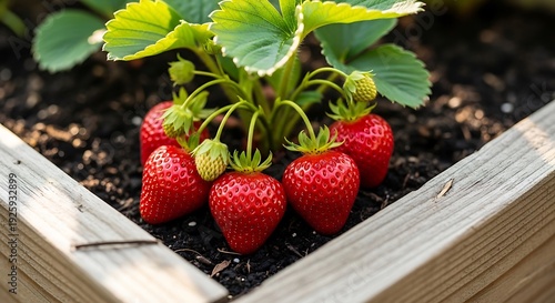 Fresh Strawberries Growing in a Wooden Planter Box