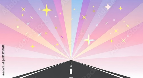 Magical road leading to a vibrant rainbow sky filled with stars