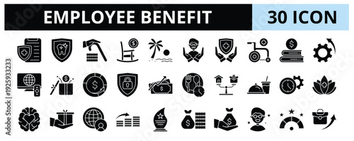 30 Employee Benefit Glyph Icons Vector - Health Insurance, Dental Insurance, Retirement, Pension, Vacation, Bonus, Incentive, Compensation