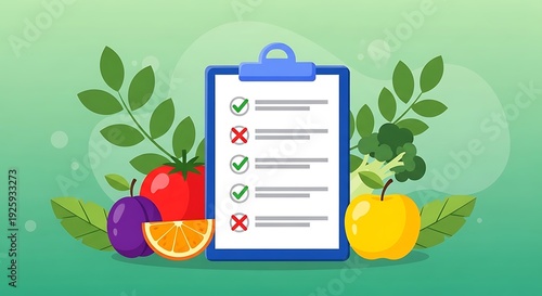 Healthy eating checklist with fruits vegetables and checkmarks