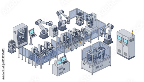 Industrial Automation Factory with Robotic Arms and Control Systems.