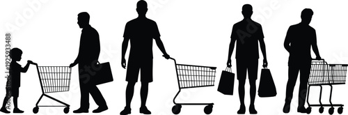 Male shopping silhouettes with child and supermarket carts, men retail customers holding bags vector illustration isolated on white background, consumer concept