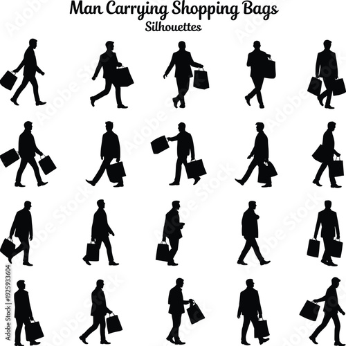 Man carrying shopping bags silhouettes set, male shopper walking with retail packages isolated black vector illustration for supermarket, boutique and consumer lifestyle concept