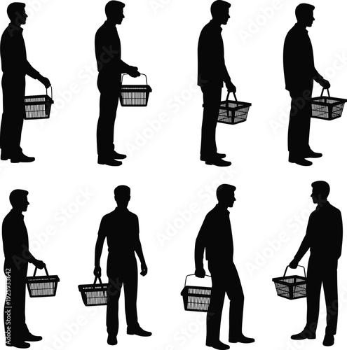 Man shopping basket silhouettes collection, male shopper standing and walking poses, black vector illustration set isolated on white background