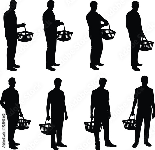 Man holding shopping basket silhouettes collection, male shopper standing poses set, black vector illustration isolated on white background