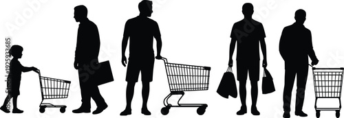 Men and child shopping silhouettes with supermarket carts and bags, male retail customers collection vector illustration isolated on white background, consumer lifestyle concept