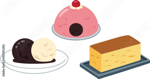 Cartoon desserts including ice cream and cake on plates