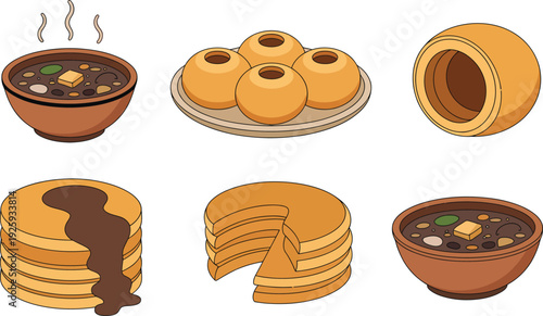 Cartoon illustrations of various desserts and a bowl of soup including cake stacks pancakes and donuts with chocolate sauce