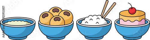 Cartoon illustration of four blue bowls with different food items  desserts and snacks on white background