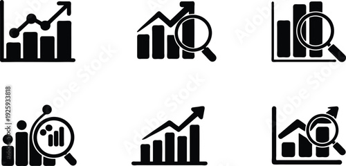 Blackandwhite business graphs and charts with magnifying glass icons on white background for analysis and growth  business concept