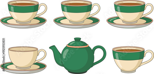 Cartoonstyle green and beige tea cups with saucers and teapot on white background for kitchen and beverage concepts
