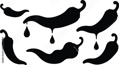 Collection of black chili pepper silhouettes with drips isolated on transparent background for food and spice design elements