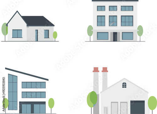 Modern residential and industrial buildings collection with house office warehouse and factory flat vector illustration set